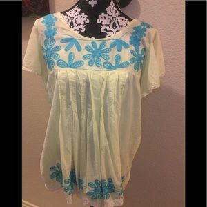 Yellow & Turquoise Crocheted Detail Top